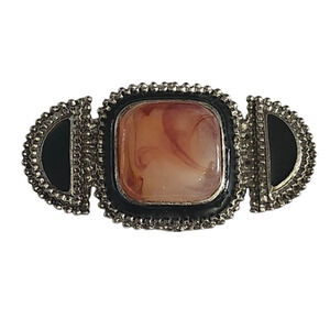 Vtg  Signed Pisces Agate Stone MOD Black Enamel Brooch Pin  2.5”